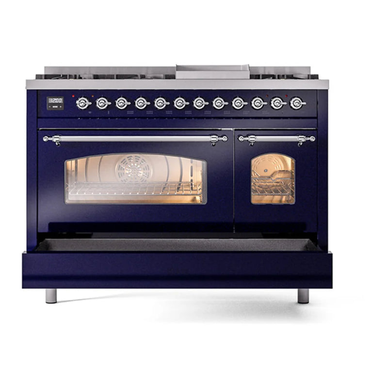 ILVE Nostalgie II 48" Dual Fuel Freestanding Range in Midnight Blue with Chrome Trim, UP48FNMPMBC