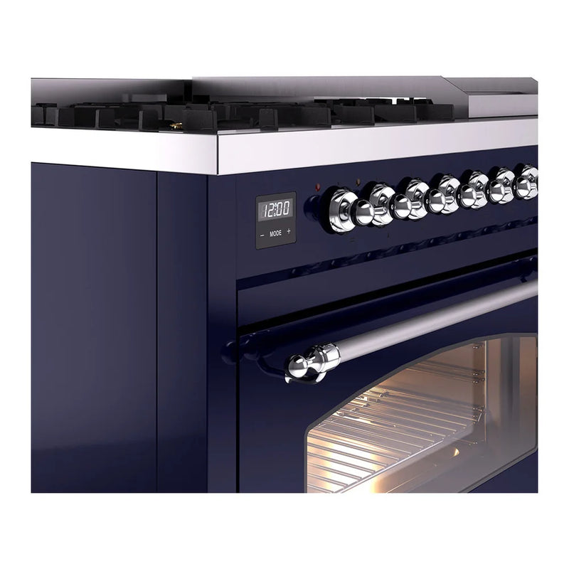 ILVE Nostalgie II 48" Dual Fuel Freestanding Range in Midnight Blue with Chrome Trim, UP48FNMPMBC