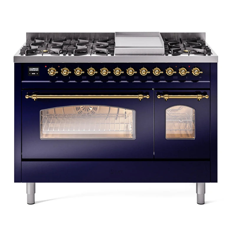 ILVE Nostalgie II 48" Dual Fuel Freestanding Range in Midnight Blue with Brass Trim, UP48FNMPMBGLP
