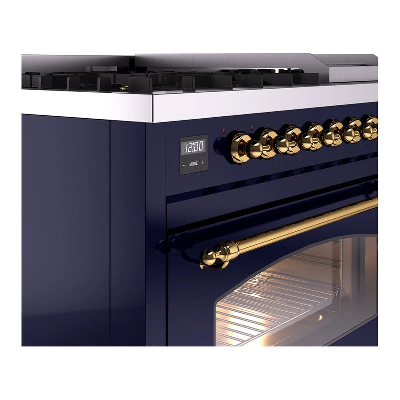 ILVE Nostalgie II 48" Dual Fuel Freestanding Range in Midnight Blue with Brass Trim, UP48FNMPMBGLP