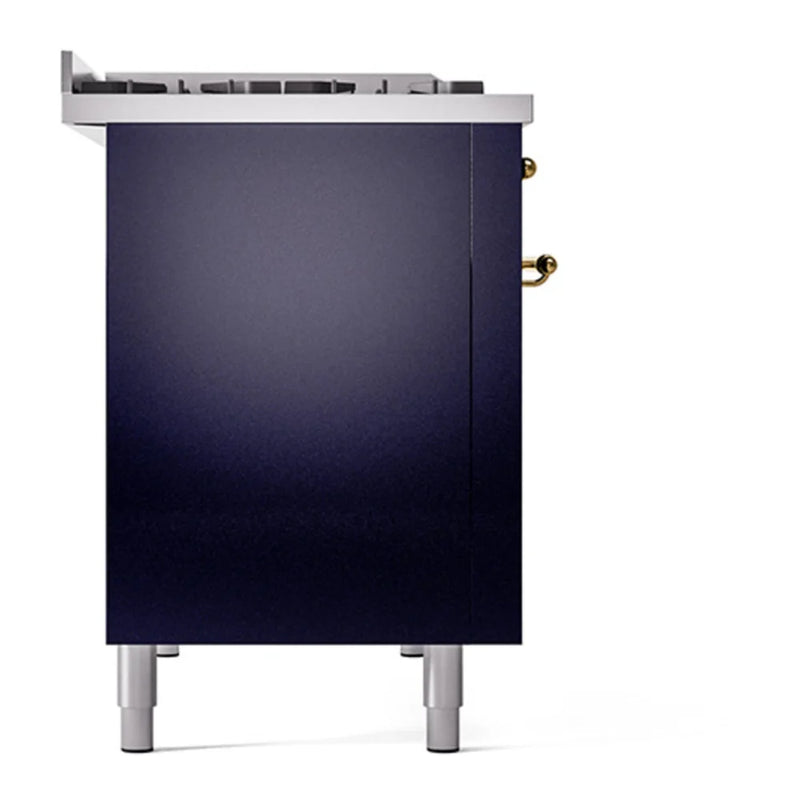 ILVE Nostalgie II 48" Dual Fuel Freestanding Range in Midnight Blue with Brass Trim, UP48FNMPMBGLP