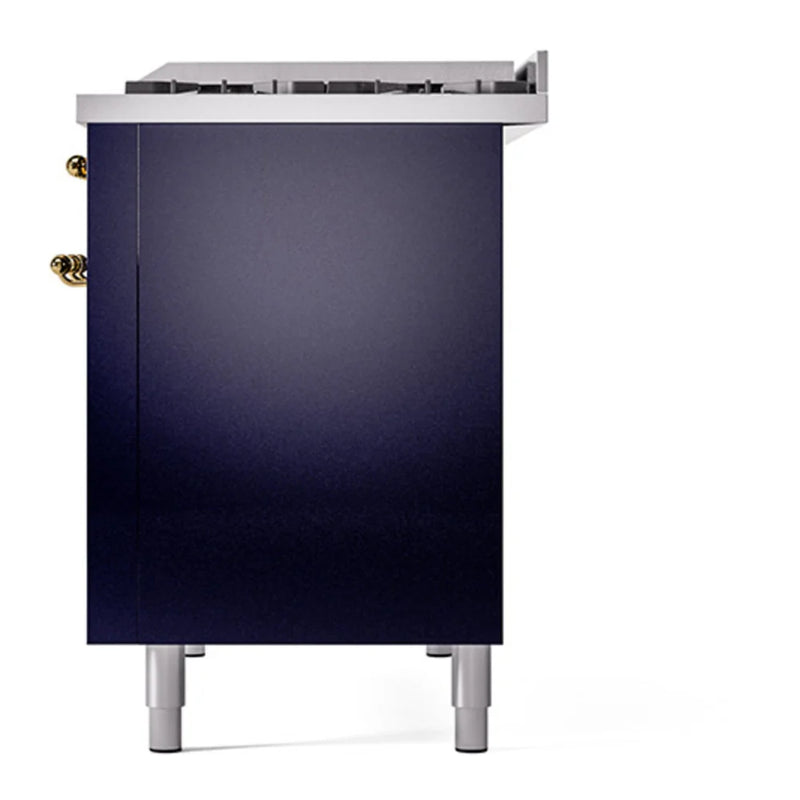 ILVE Nostalgie II 48" Dual Fuel Freestanding Range in Midnight Blue with Brass Trim, UP48FNMPMBGLP