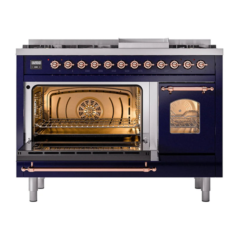 ILVE Nostalgie II 48" Dual Fuel Freestanding Range in Midnight Blue with Copper Trim, UP48FNMPMBPLP