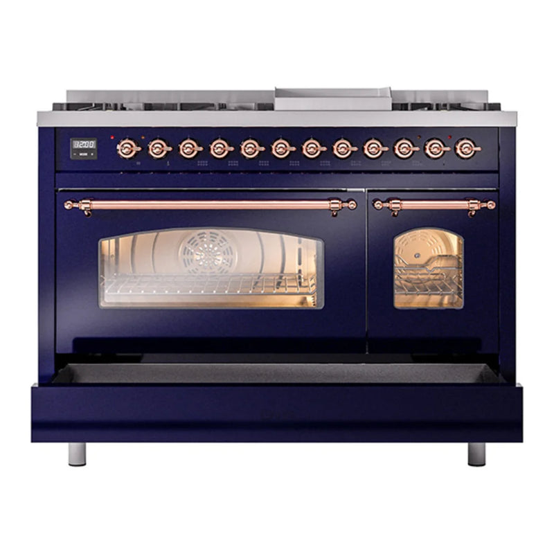 ILVE Nostalgie II 48" Dual Fuel Freestanding Range in Midnight Blue with Copper Trim, UP48FNMPMBPLP