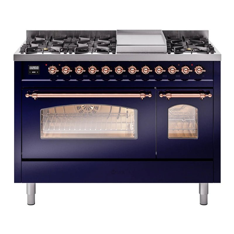 ILVE Nostalgie II 48" Dual Fuel Freestanding Range in Midnight Blue with Copper Trim, UP48FNMPMBP