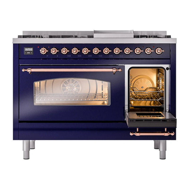 ILVE Nostalgie II 48" Dual Fuel Freestanding Range in Midnight Blue with Copper Trim, UP48FNMPMBP