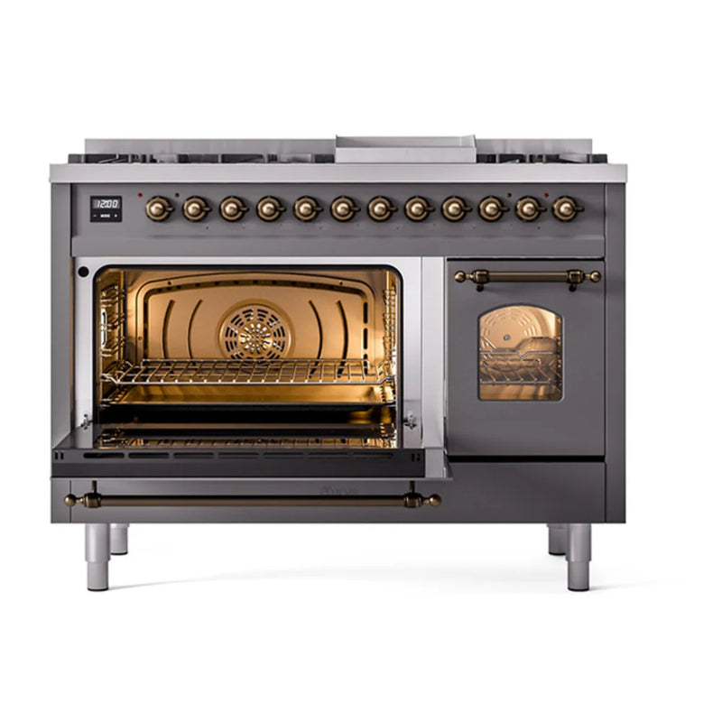 ILVE Nostalgie II 48" Dual Fuel Freestanding Range in Graphite Matte with Burnished Trim, UP48FNMPMGBLP