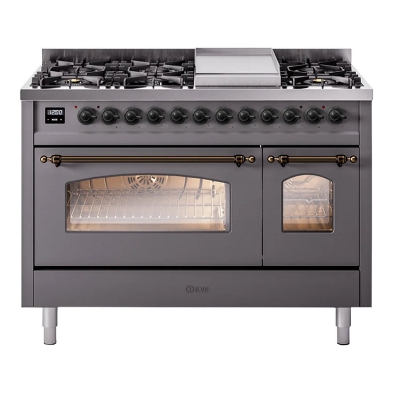 ILVE Nostalgie II 48" Dual Fuel Freestanding Range in Graphite Matte with Burnished Trim, UP48FNMPMGB