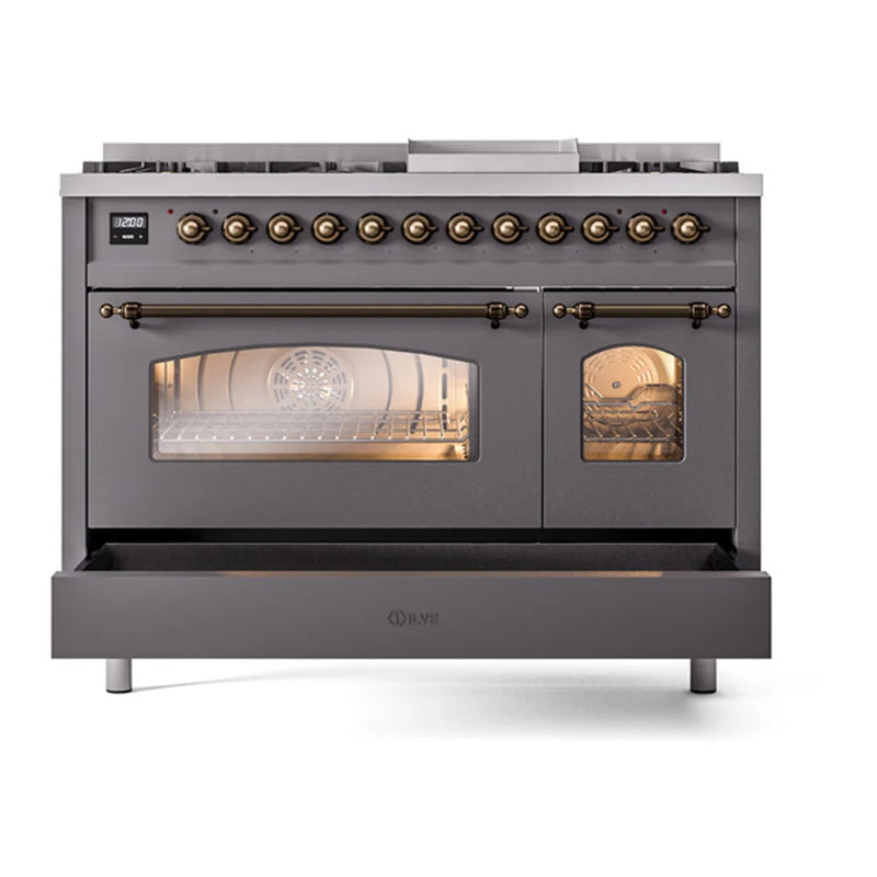 ILVE Nostalgie II 48" Dual Fuel Freestanding Range in Graphite Matte with Burnished Trim, UP48FNMPMGB