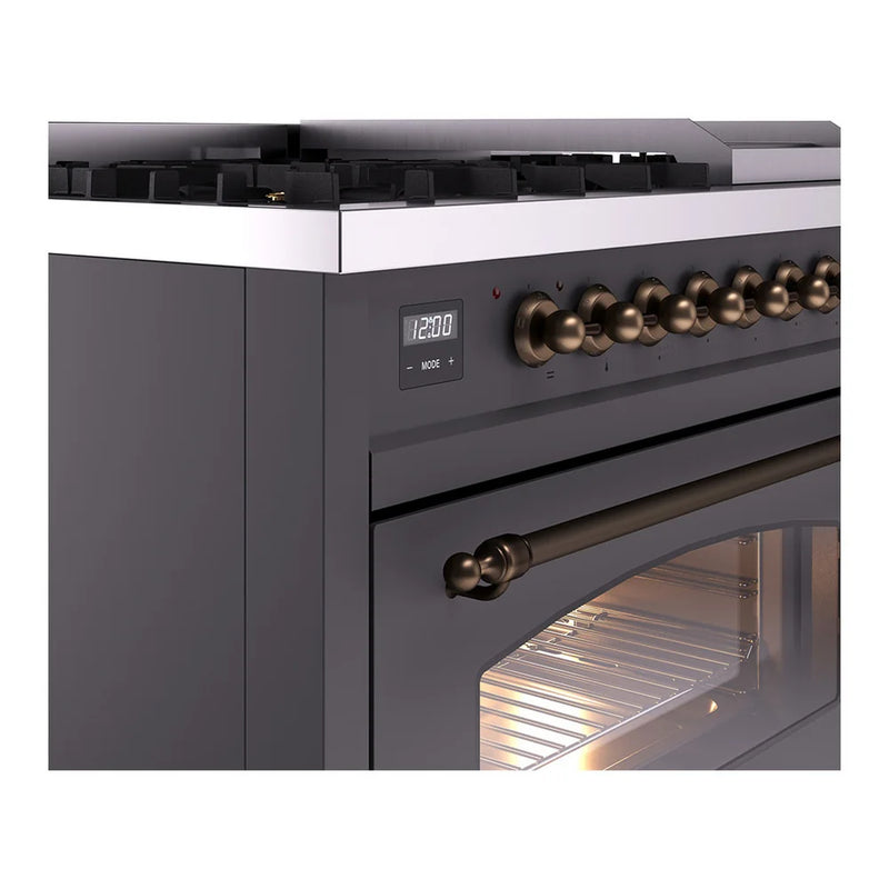 ILVE Nostalgie II 48" Dual Fuel Freestanding Range in Graphite Matte with Burnished Trim, UP48FNMPMGB