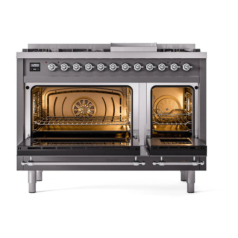 ILVE Nostalgie II 48" Dual Fuel Freestanding Range in Graphite Matte with Chrome Trim, UP48FNMPMGCLP