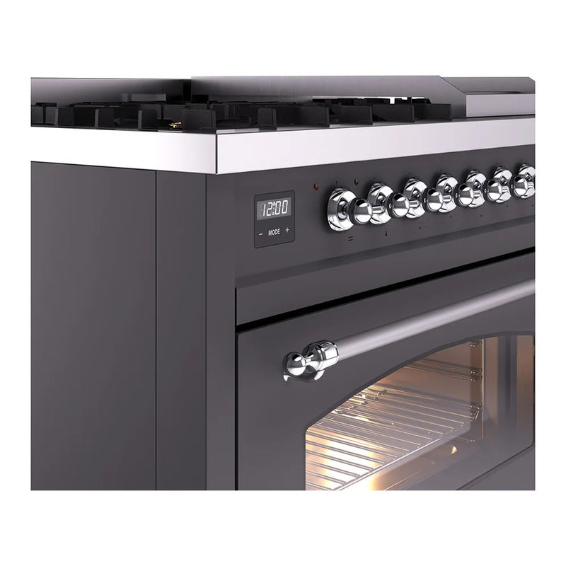 ILVE Nostalgie II 48" Dual Fuel Freestanding Range in Graphite Matte with Chrome Trim, UP48FNMPMGCLP