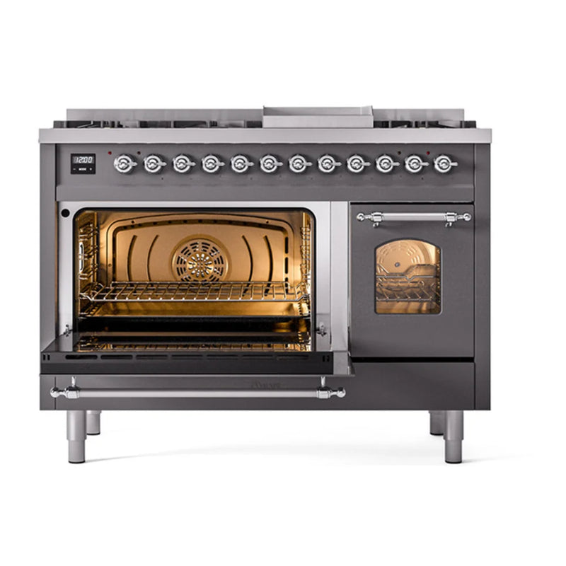 ILVE Nostalgie II 48" Dual Fuel Freestanding Range in Graphite Matte with Chrome Trim, UP48FNMPMGC