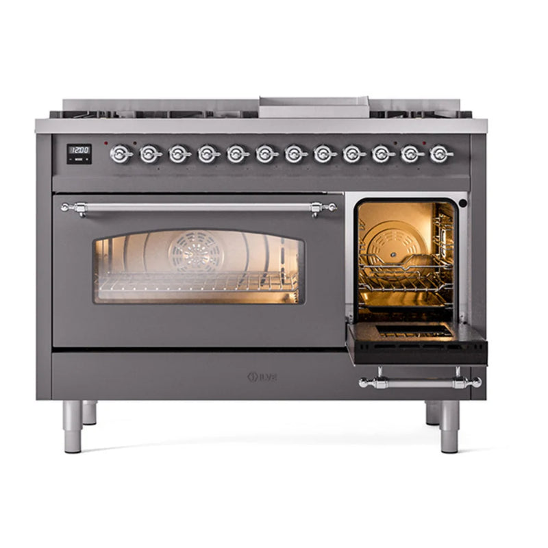 ILVE Nostalgie II 48" Dual Fuel Freestanding Range in Graphite Matte with Chrome Trim, UP48FNMPMGC