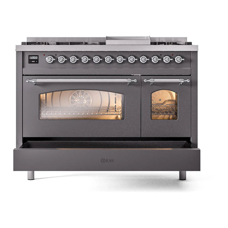 ILVE Nostalgie II 48" Dual Fuel Freestanding Range in Graphite Matte with Chrome Trim, UP48FNMPMGC