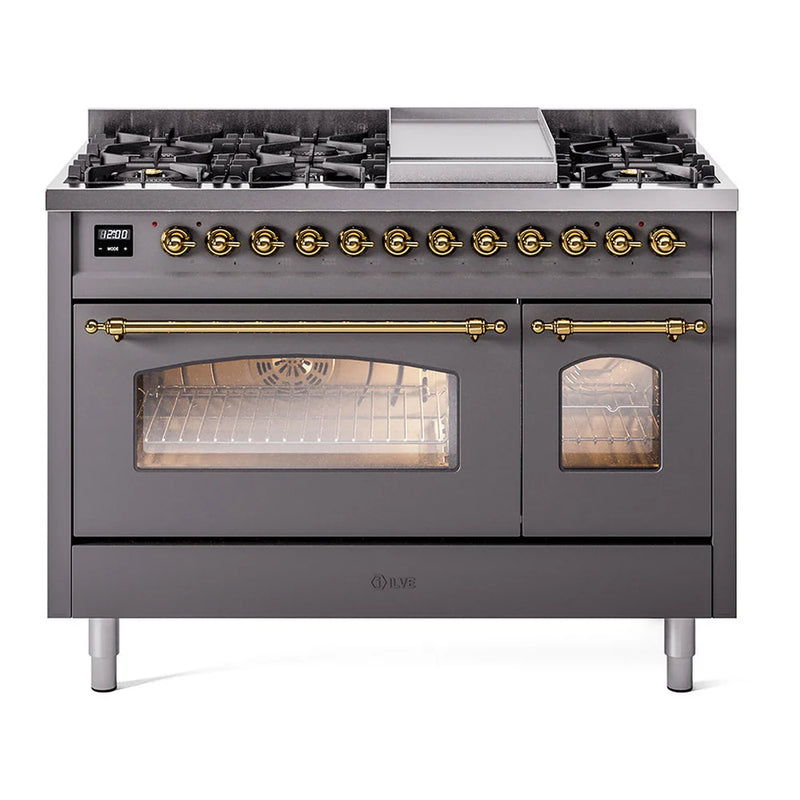 ILVE Nostalgie II 48" Dual Fuel Freestanding Range in Graphite Matte with Brass Trim, UP48FNMPMGGLP