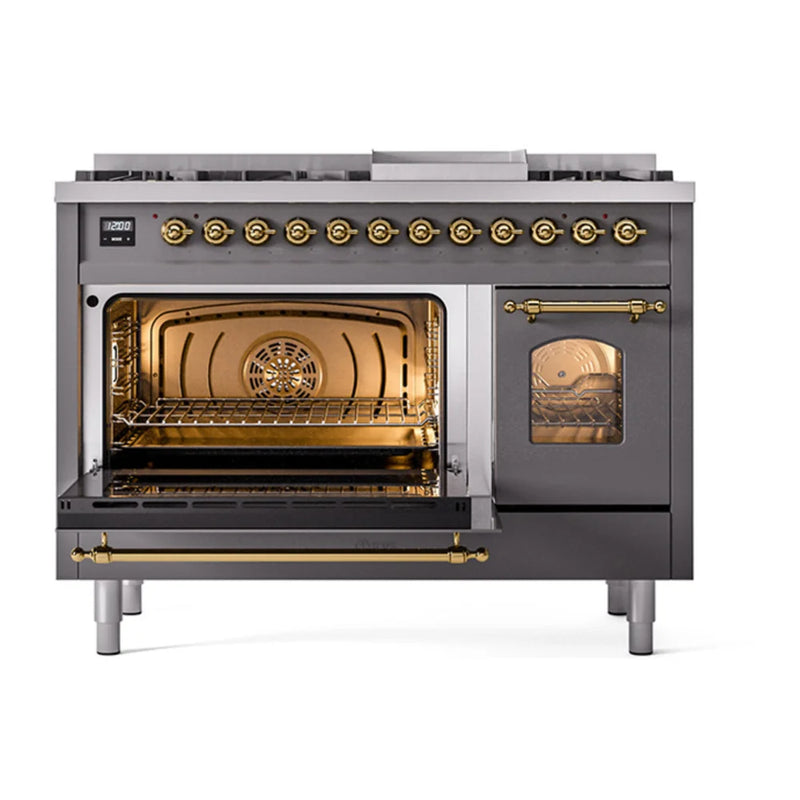 ILVE Nostalgie II 48" Dual Fuel Freestanding Range in Graphite Matte with Brass Trim, UP48FNMPMGGLP