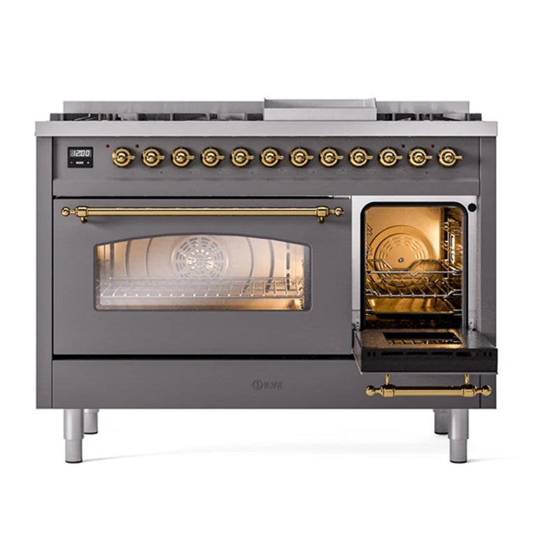 ILVE Nostalgie II 48" Dual Fuel Freestanding Range in Graphite Matte with Brass Trim, UP48FNMPMGGLP