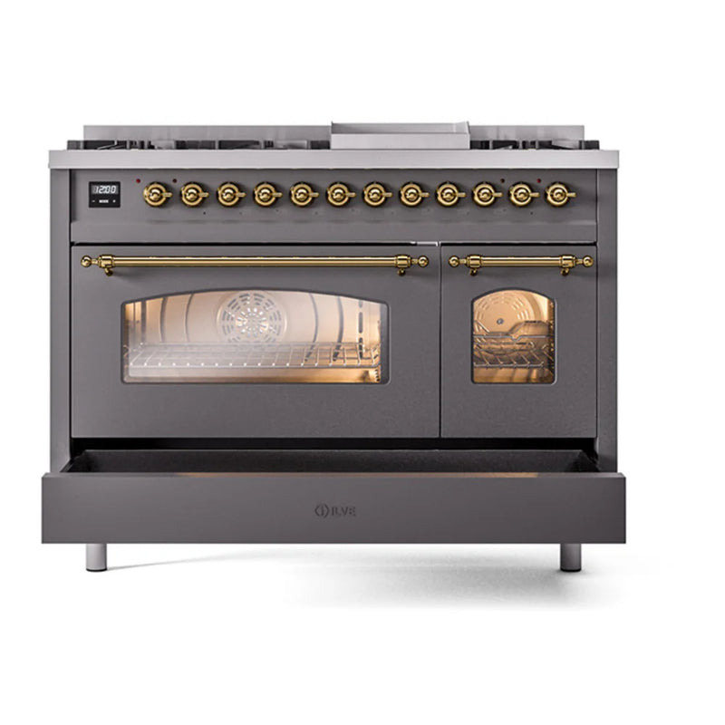 ILVE Nostalgie II 48" Dual Fuel Freestanding Range in Graphite Matte with Brass Trim, UP48FNMPMGGLP