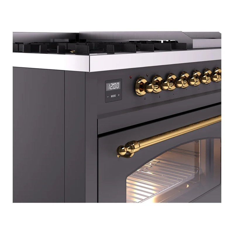 ILVE Nostalgie II 48" Dual Fuel Freestanding Range in Graphite Matte with Brass Trim, UP48FNMPMGGLP