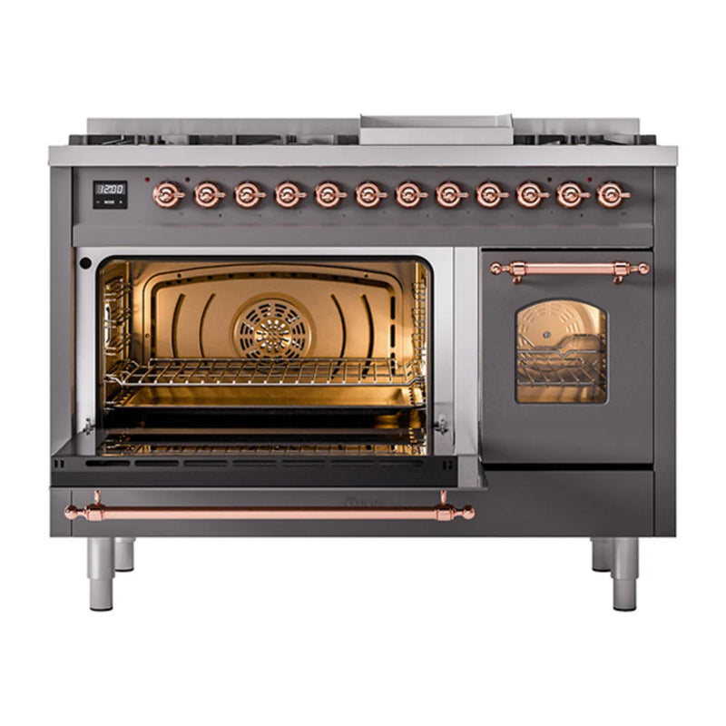 ILVE Nostalgie II 48" Dual Fuel Freestanding Range in Graphite Matte with Copper Trim, UP48FNMPMGPLP