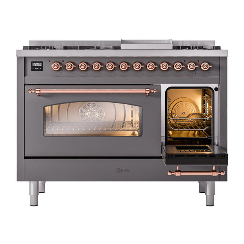 ILVE Nostalgie II 48" Dual Fuel Freestanding Range in Graphite Matte with Copper Trim, UP48FNMPMGPLP