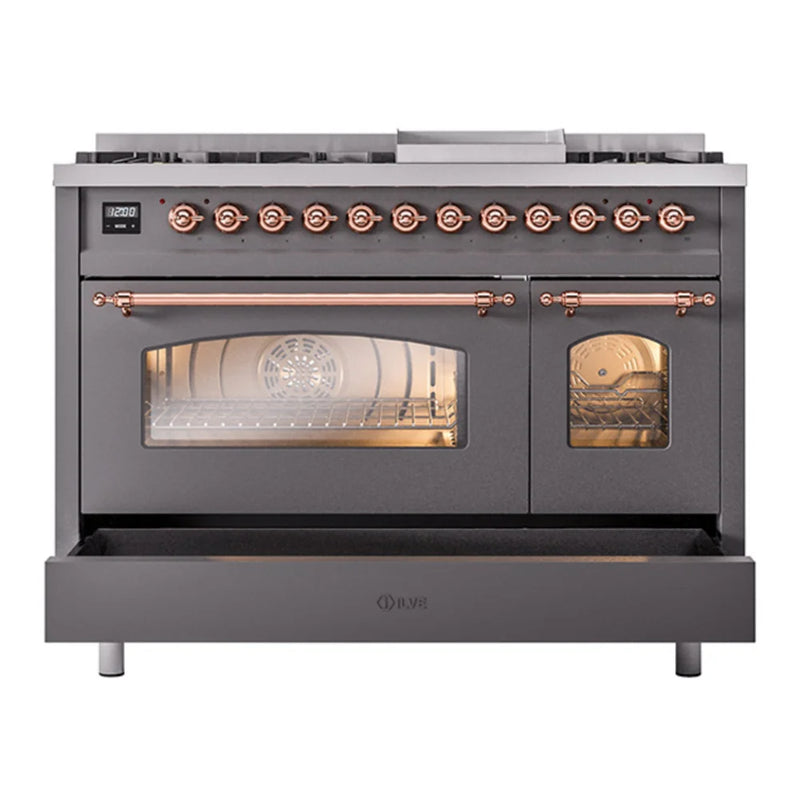 ILVE Nostalgie II 48" Dual Fuel Freestanding Range in Graphite Matte with Copper Trim, UP48FNMPMGPLP