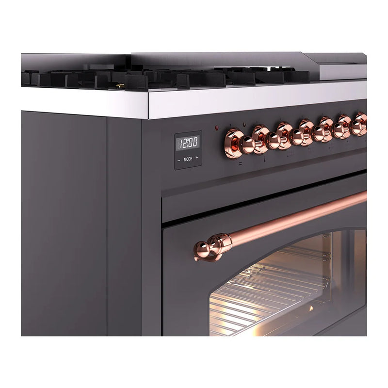 ILVE Nostalgie II 48" Dual Fuel Freestanding Range in Graphite Matte with Copper Trim, UP48FNMPMGPLP