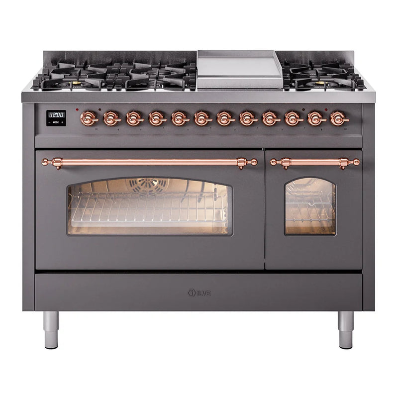ILVE Nostalgie II 48" Dual Fuel Freestanding Range in Graphite Matte with Copper Trim, UP48FNMPMGP