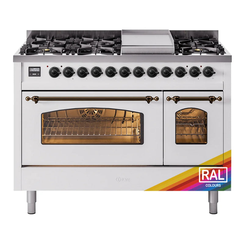 ILVE Nostalgie II 48" Dual Fuel Freestanding Range in RAL Color with Burnished Trim, UP48FNMPRAB