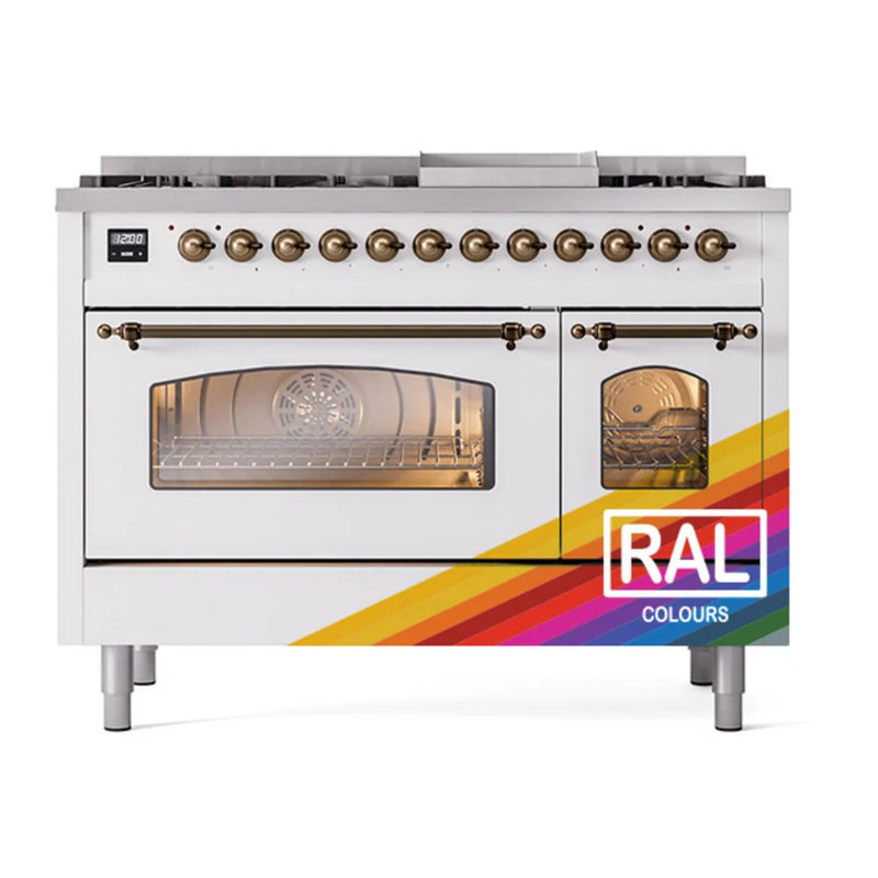 ILVE Nostalgie II 48" Dual Fuel Freestanding Range in RAL Color with Burnished Trim, UP48FNMPRAB