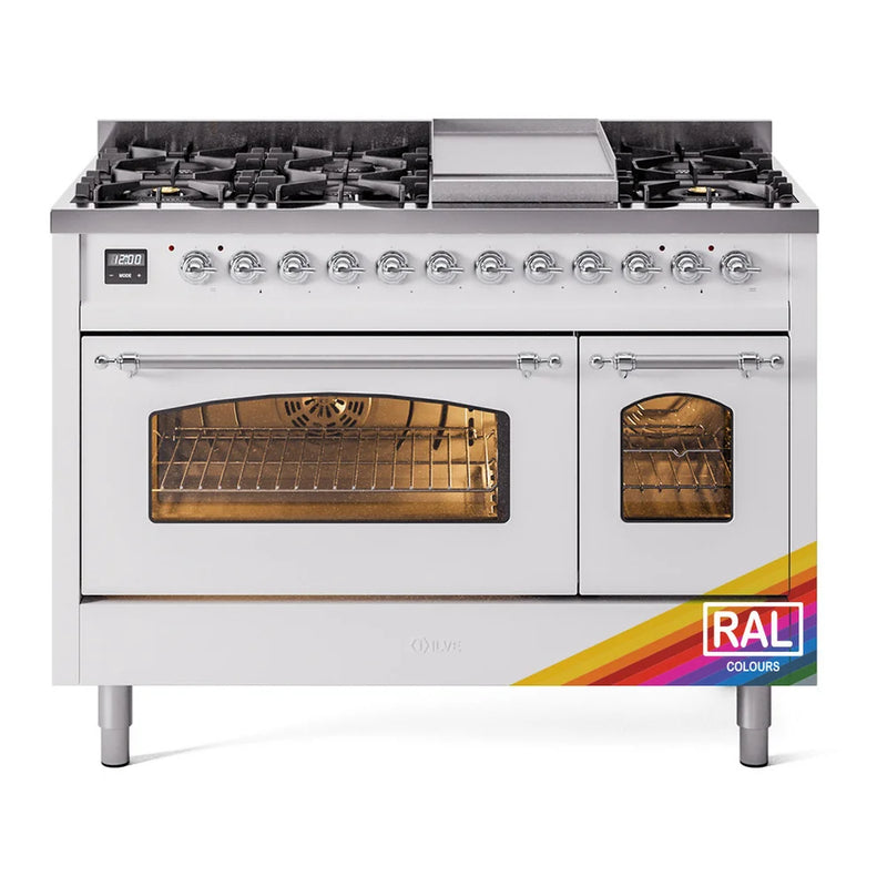 ILVE Nostalgie II 48" Dual Fuel Freestanding Range in RAL Color with Chrome Trim, UP48FNMPRACLP
