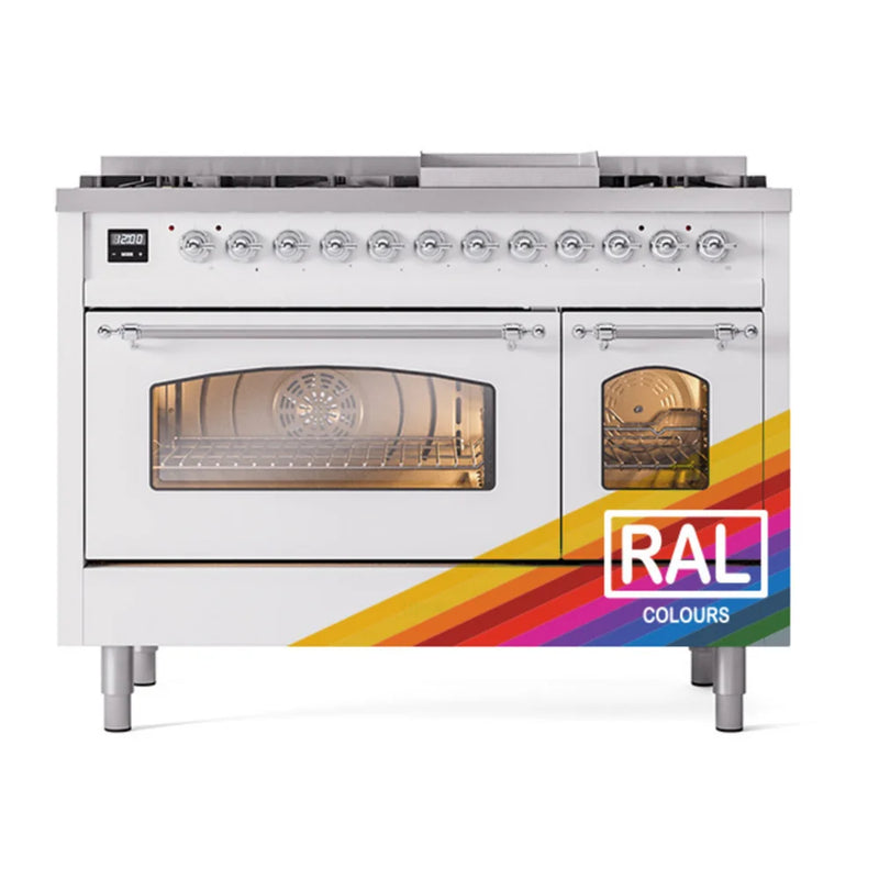 ILVE Nostalgie II 48" Dual Fuel Freestanding Range in RAL Color with Chrome Trim, UP48FNMPRACLP