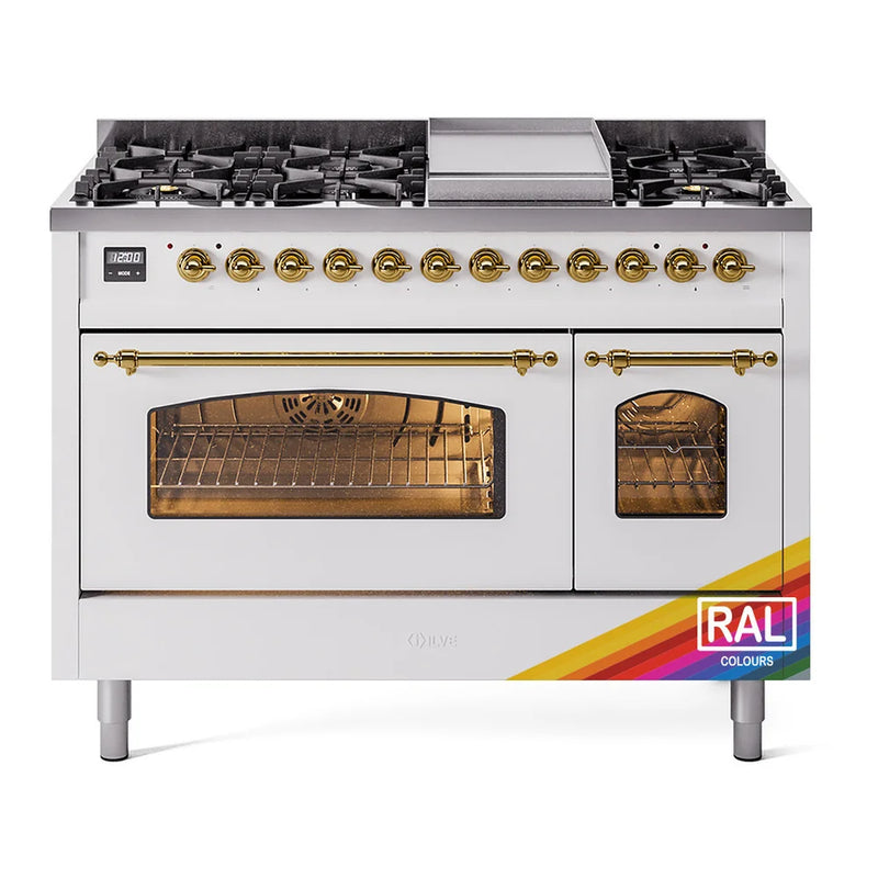 ILVE Nostalgie II 48" Dual Fuel Freestanding Range in RAL Color with Brass Trim, UP48FNMPRAGLP