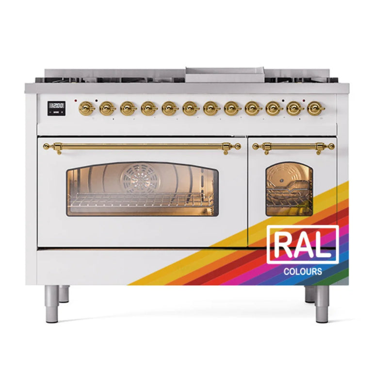 ILVE Nostalgie II 48" Dual Fuel Freestanding Range in RAL Color with Brass Trim, UP48FNMPRAG