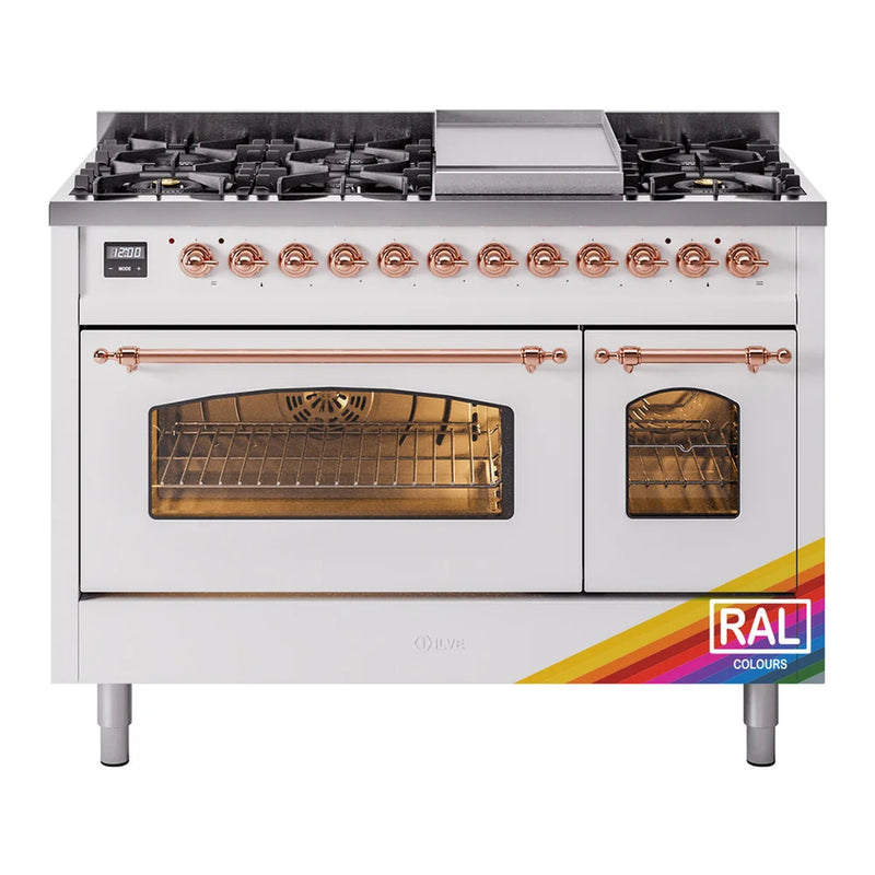 ILVE Nostalgie II 48" Dual Fuel Freestanding Range in RAL Color with Copper Trim, UP48FNMPRAPLP