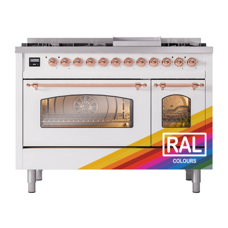 ILVE Nostalgie II 48" Dual Fuel Freestanding Range in RAL Color with Copper Trim, UP48FNMPRAPLP