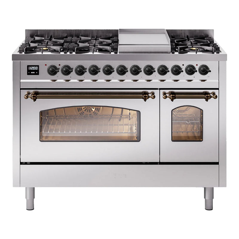 ILVE Nostalgie II 48" Dual Fuel Freestanding Range in Stainless Steel with Burnished Trim, UP48FNMPSSBLP