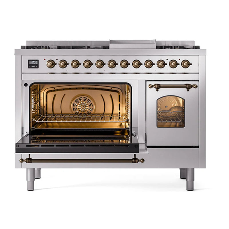 ILVE Nostalgie II 48" Dual Fuel Freestanding Range in Stainless Steel with Burnished Trim, UP48FNMPSSBLP