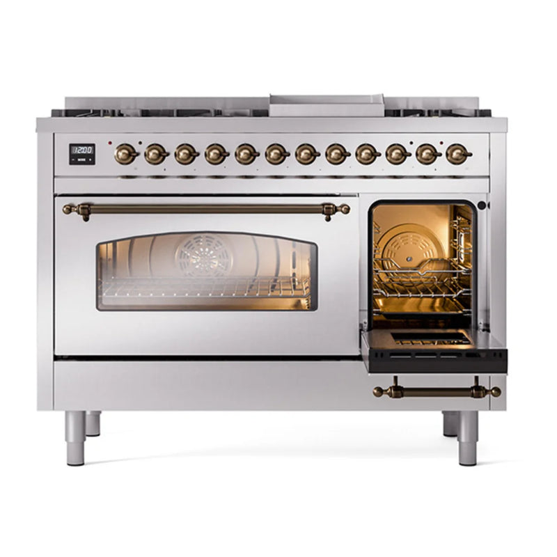 ILVE Nostalgie II 48" Dual Fuel Freestanding Range in Stainless Steel with Burnished Trim, UP48FNMPSSBLP