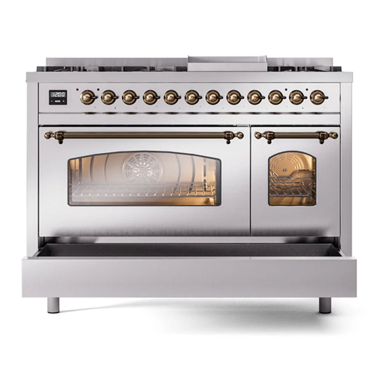 ILVE Nostalgie II 48" Dual Fuel Freestanding Range in Stainless Steel with Burnished Trim, UP48FNMPSSBLP