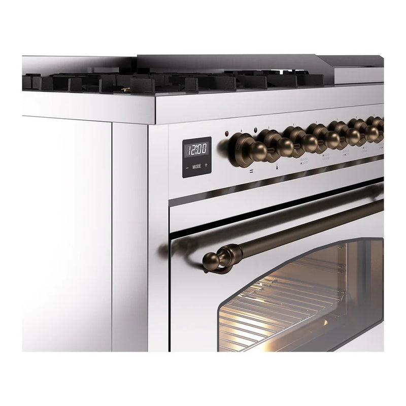 ILVE Nostalgie II 48" Dual Fuel Freestanding Range in Stainless Steel with Burnished Trim, UP48FNMPSSB