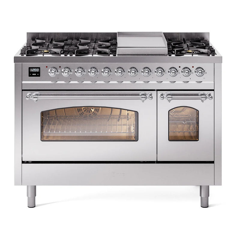 ILVE Nostalgie II 48" Dual Fuel Freestanding Range in Stainless Steel with Chrome Trim, UP48FNMPSSCLP