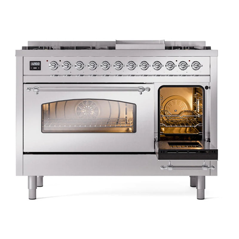 ILVE Nostalgie II 48" Dual Fuel Freestanding Range in Stainless Steel with Chrome Trim, UP48FNMPSSCLP
