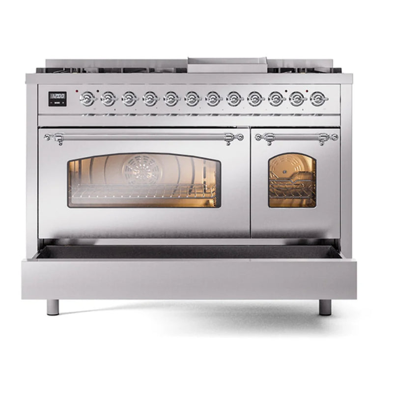 ILVE Nostalgie II 48" Dual Fuel Freestanding Range in Stainless Steel with Chrome Trim, UP48FNMPSSCLP