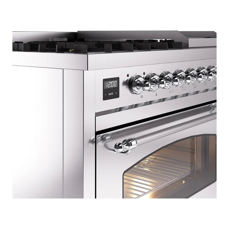 ILVE Nostalgie II 48" Dual Fuel Freestanding Range in Stainless Steel with Chrome Trim, UP48FNMPSSCLP