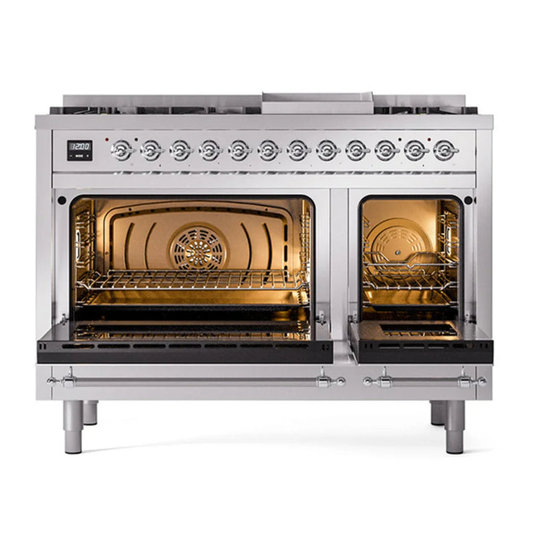 ILVE Nostalgie II 48" Dual Fuel Freestanding Range in Stainless Steel with Chrome Trim, UP48FNMPSSC