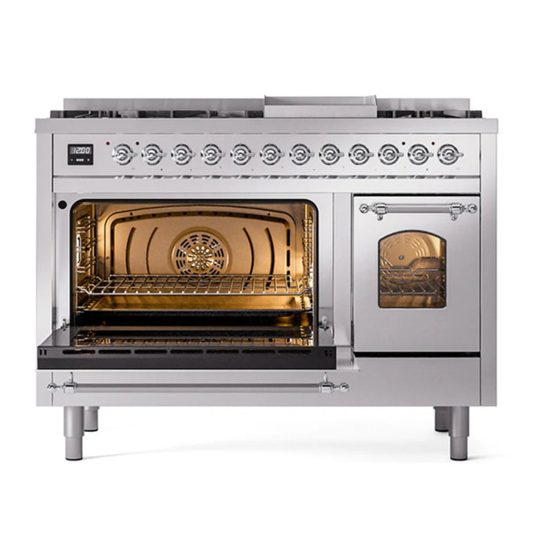 ILVE Nostalgie II 48" Dual Fuel Freestanding Range in Stainless Steel with Chrome Trim, UP48FNMPSSC
