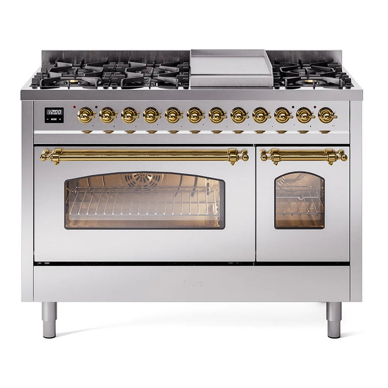 ILVE Nostalgie II 48" Dual Fuel Freestanding Range in Stainless Steel with Brass Trim, UP48FNMPSSGLP