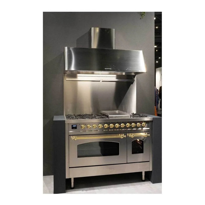 ILVE Nostalgie II 48" Dual Fuel Freestanding Range in Stainless Steel with Brass Trim, UP48FNMPSSGLP